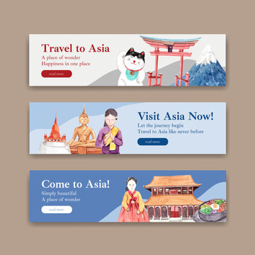 Banner template with Asia travel concept design for advertise and marketing watercolor vector illustration