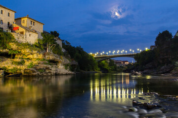 Night view of the Port Bridge in Mostar. Bosnia and Herzegovina