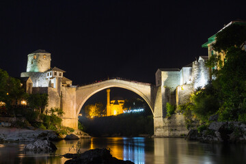 Beautiful view of the historic "Old Bridge" in Mostar at nigth. Bosnia and Herzegovina