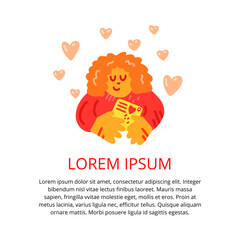 Cute colorful vector doodle with woman and text for printing and postcrossing. Woman, envelope, letter, love. Vector template for card, postcard, banner, poster and social media