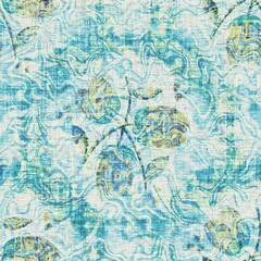 Teal blue floral weathered grunge texture background. Summer coastal farmhouse living home decor. Sun bleached rustic flower sea green material. Worn turquoise damask textile seamless pattern

