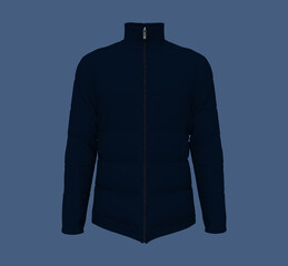 Men's warm sport puffer jacket isolated over blue background, jacket design presentation. 3d rendering, 3d illustration