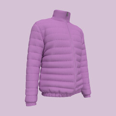 Men's warm sport puffer jacket isolated over pink background, jacket design presentation. 3d rendering, 3d illustration © Febriana