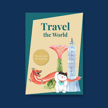 Poster template with Asia travel concept design for brochure and marketing watercolor vector illustration