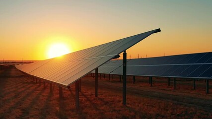 Rows of solar panels at a photovoltaic power station at sunset
