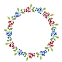 Hand drawn wreath with red and blu berries branches. Round frame for Christmas cards and winter design.