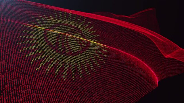 3d render. Kyrgyzstan digital flag with binary code texture flies in the wind. Seamless loop.