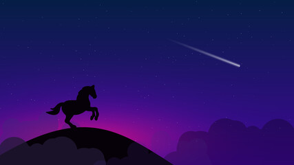 Fototapeta na wymiar Beautiful landscape with a dark starry sky and a shooting star. On a high hill among the clouds - the silhouette of a horse standing on its hind legs. Vector illustration