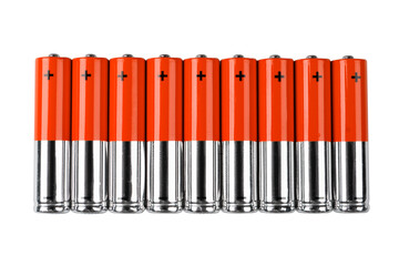 Red Battery. Alkaline battery isolated on white background with clipping path. New alkaline AA battery with copy space isolated on white background