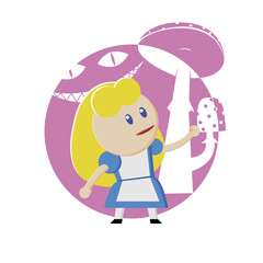 Blonde girl in a blue dress in a fairy land. Vector character