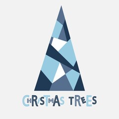 Christmas trees lettering with geometric triangle christmas tree. Tree Farm vector. Farm Fresh Christmas Trees phrase. For cutting, T-shirts, mugs sublimation, pillows. Isolated on green background.