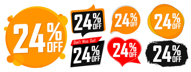 Set Sale 24% off banners, discount tags design template, lowest price, vector illustration