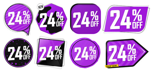 Set Sale 24% off banners, discount tags design template, lowest price, vector illustration