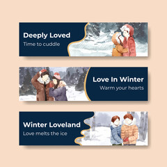 Banner template with winter love concept design for advertise and marketing watercolor vector illustration