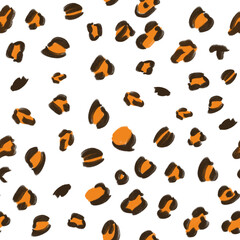 Hand-drawn brown and orange animalistic, brindle seamless pattern on white background. Print, packaging, passport, stationery, cover, wallpaper design. © Kate