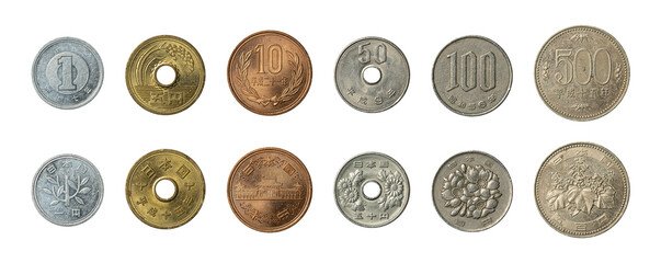 Set of all japanese yen coins isolated on a white background obverse and reverse sides.