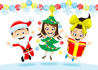 Happy kids in Christmas costumes on white background.