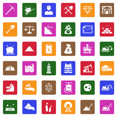 Mining Icons. White Flat Design In Square. Vector Illustration.