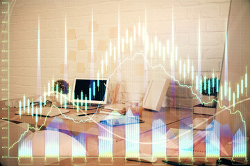 Multi exposure of stock market chart drawing and office interior background. Concept of financial analysis.