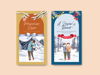 Instagram template with winter love concept design for social media and internet watercolor vector illustration