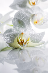 Branch of blooming white orchid on a light background.