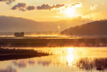 sunrise over the river,Golden sunrise, sunrise over the lake, Koprinka Dam, Bulgaria,river Tundzha