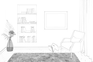Sketch of the room with a horizontal poster between a niche with bookshelves, a vase with dried flowers, and a cozy armchair, curtains on the window. There is a fluffy carpet on the floor. 3d render