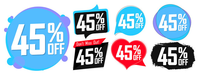 Set Sale 45% off banners, discount tags design template, promo app icons, vector illustration