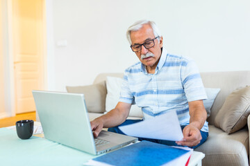 Mature businessman sit on sofa working on computer wireless device using e-banking application paying bills online, typing e-mail solve issues distantly, older generation and modern tech usage concept