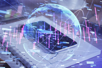 Double exposure of forex chart drawing and cell phone background. Concept of financial data analysis