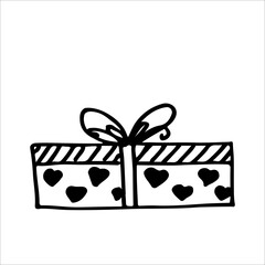 The gift box is closed and decorated with a bow. New Years surprise gift box. Hand drawing doodle. Nice, funny drawing. Black and white drawing. Vector. Icon.