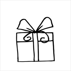 The gift box is closed and decorated with a bow. New Years surprise gift box. Hand drawing doodle. Nice, funny drawing. Black and white drawing. Vector. Icon.