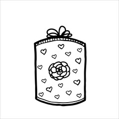 The gift box is closed and decorated with a bow. New Years surprise gift box. Hand drawing doodle. Nice, funny drawing. Black and white drawing. Vector. Icon.