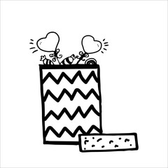 Gift box illustration. An open gift. Surprise. Hand drawing doodle. Nice, funny drawing. Black and white drawing. Vector. Icon.