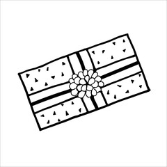 The gift box is closed and decorated with a bow. New Years surprise gift box. Hand drawing doodle. Nice, funny drawing. Black and white drawing. Vector. Icon.