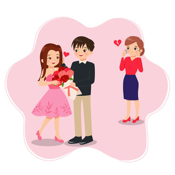 Woman Feeling Sad Because Of His Boyfriend Caught Cheating With Other Girl. Jealousy Concept. Heart Break. Flat Vector Clip Art Isolated On White.