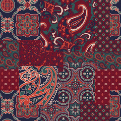 Cachemire paisley silk fabric patchwork abstract vector seamless pattern wallpaper - obrazy, fototapety, plakaty