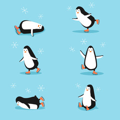 Set of cartoon penguins in different poses. Standing, sitting, lying. Vector illustration.