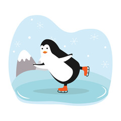 Cartoon penguin. Bird is skating. Vector illustration.