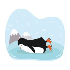 Cartoon penguin lies on the ice. The bird is skating. Vector illustration.