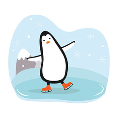 Cartoon penguin. Bird is skating. Vector illustration.