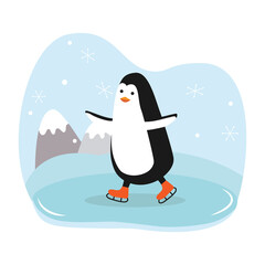 Cartoon penguin. Bird is skating. Vector illustration.