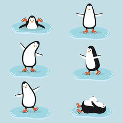 Set of cartoon penguins in different poses. Standing, lying. Vector illustration.