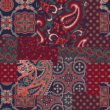 Cachemire paisley silk fabric patchwork abstract vector seamless pattern wallpaper