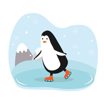 Cartoon penguin. Bird is skating. Vector illustration.