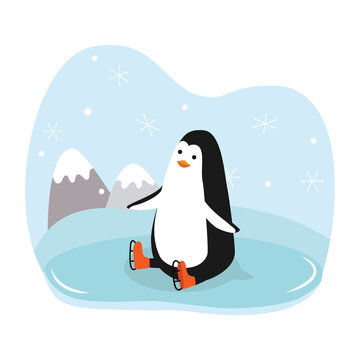 Cartoon penguin sitting on the ice. The bird is skating. Vector illustration.
