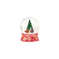 Watercolor.Christmas glass ball isolated on white. Can be used as a Christmas or New Year gift or symbol. Christmas and New Year design element. Toy glass snow globe with snowman, Christmas tree