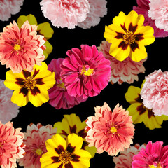 Beautiful floral background of dahlias, marigolds and carnations. Isolated