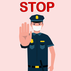 A cop in a medical protective mask makes a STOP gesture with his hand. Quarantine Control. Coronavirus Prevention. illustration flat design. Isolated on a red background.