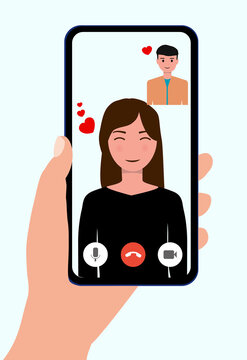 Video Call Concept. Lovers Are Having Video Calls Using The Smartphone. Love During Quarantine. Human Hand Hold Device With People On Screen. People And Gadgets. Love On Distance. Illustration